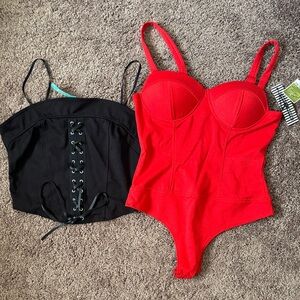 Red Bustier Bodysuit with Black Lace-Up Top